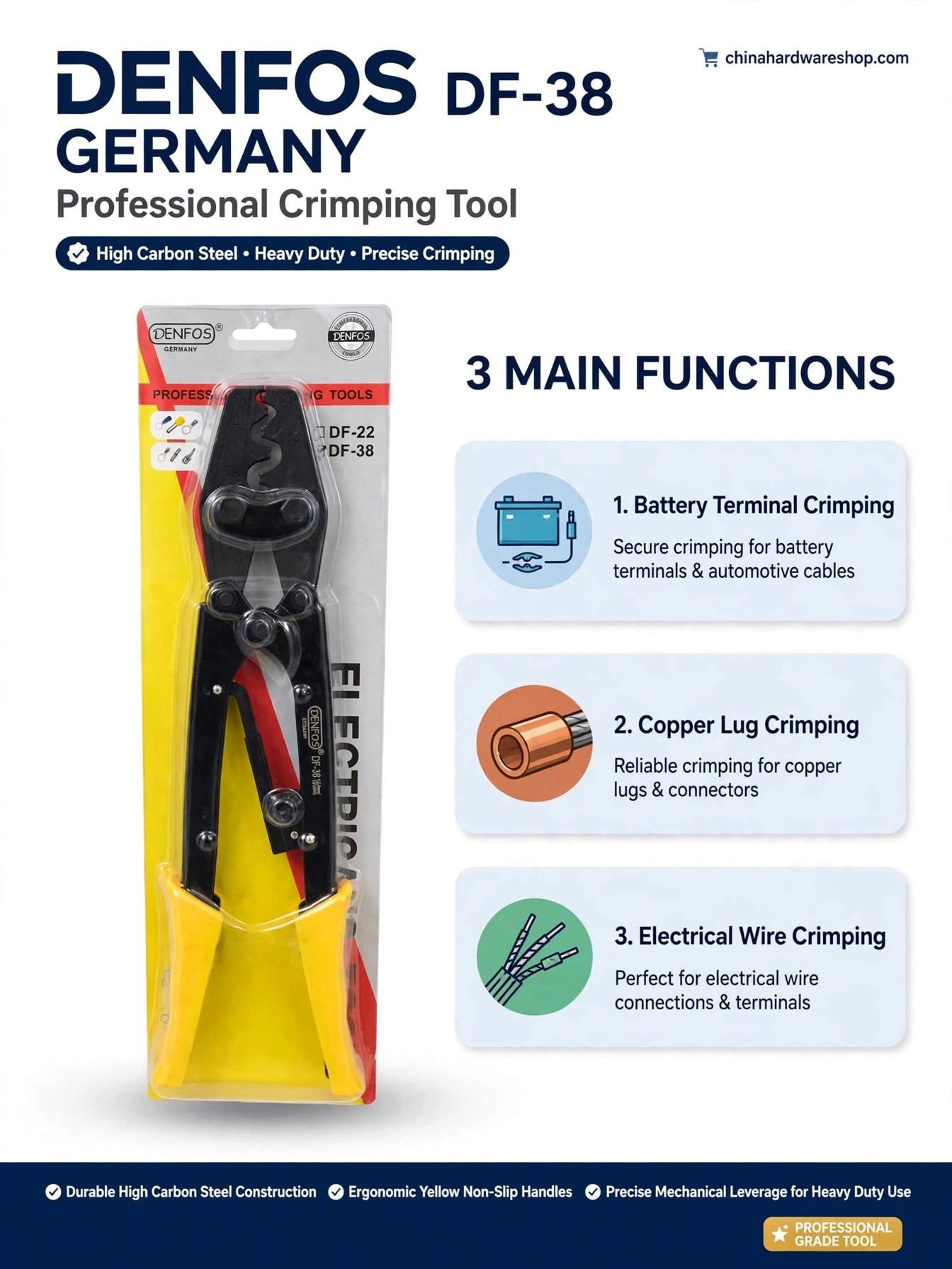 DENFOS GERMANY DF-38 Professional Crimping Tool - Lug Crimper - Non-Insulated Terminal Crimper