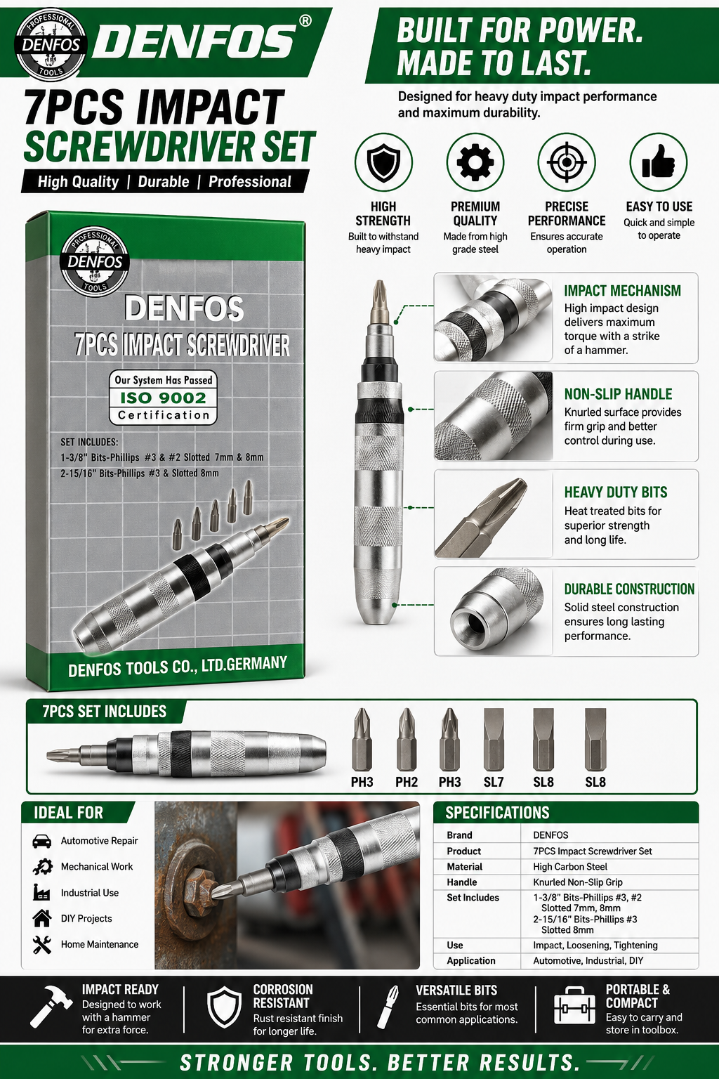 DENFOS 7PCS Impact Screwdriver Set - Heavy Duty with Hammer Strike Bits