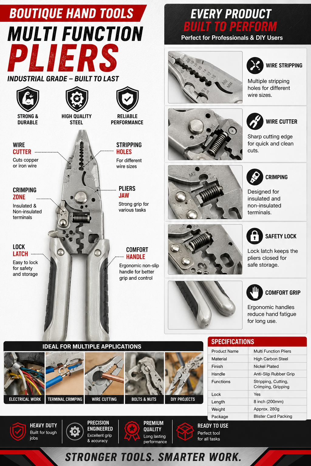 BOUTIQUE Multi Function Pliers 8" 200mm - 4 in 1 Industrial Grade
