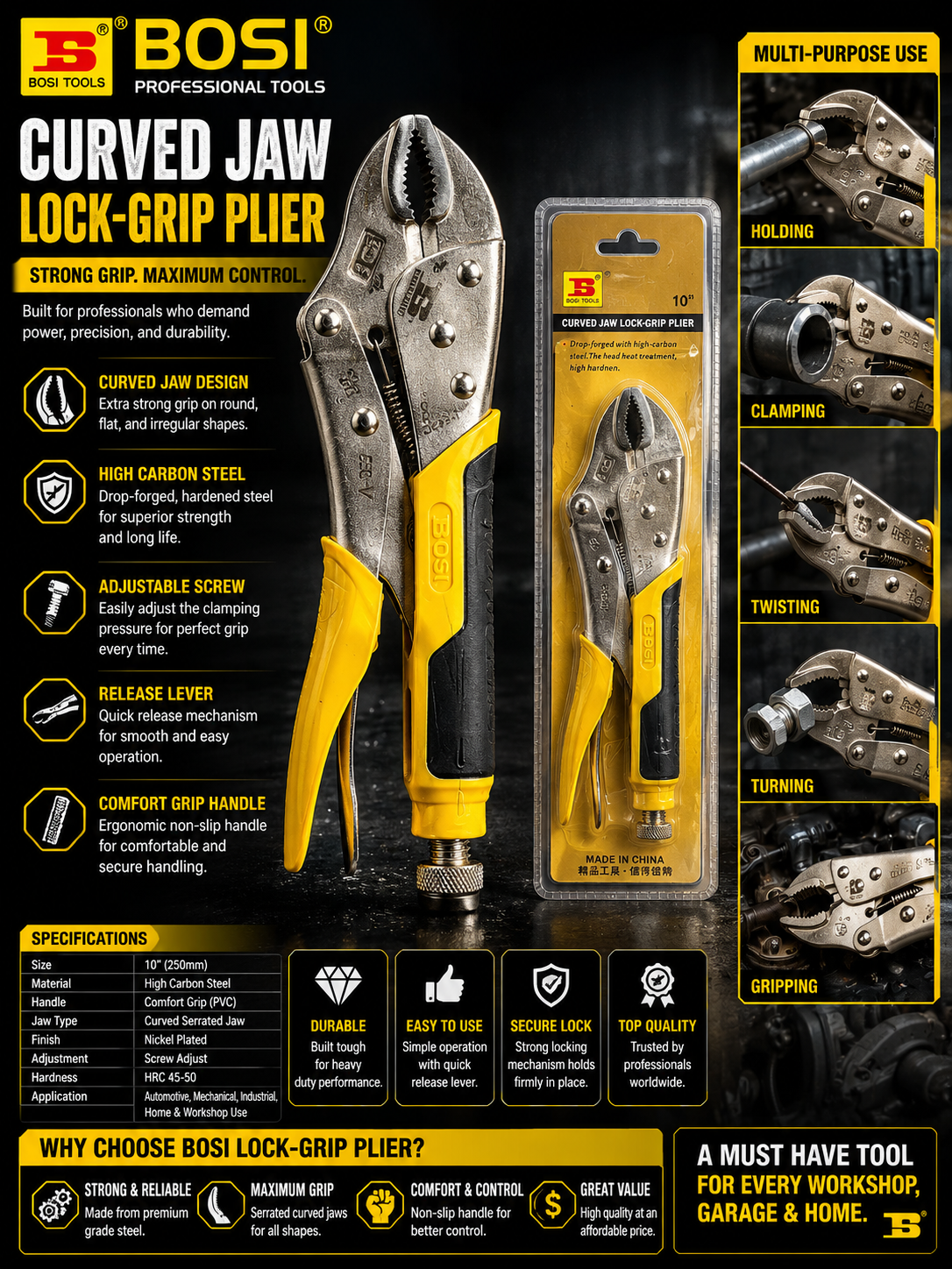 BOSI 10 Inch Curved Jaw Lock-Grip Plier