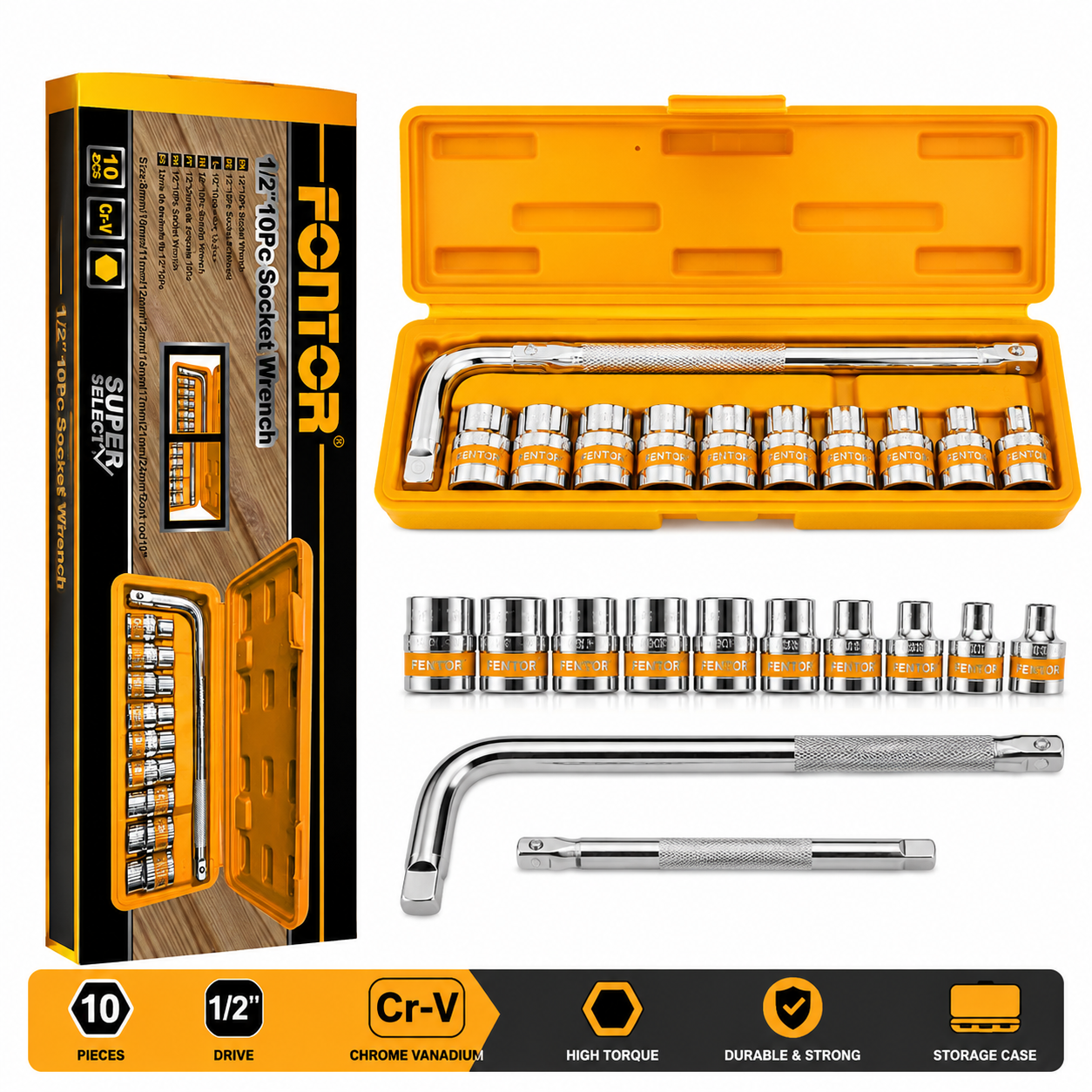 FONTOR 10 Pcs 1/2" Socket Wrench Set