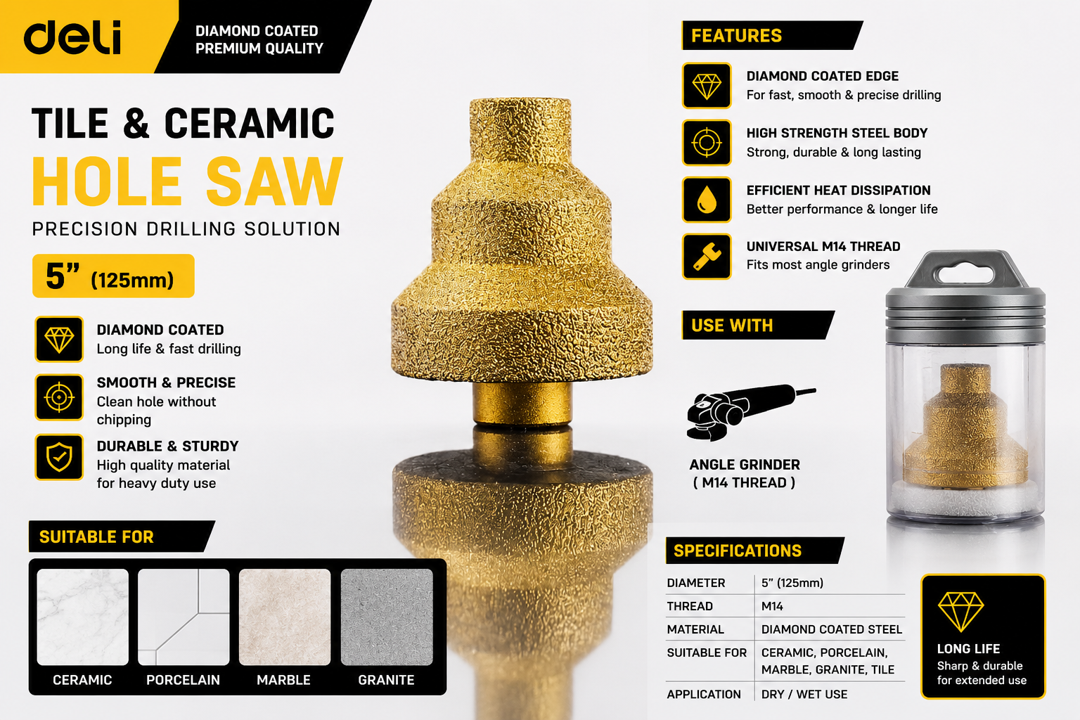 5" 125mm Diamond Coated Tile & Ceramic Hole Saw