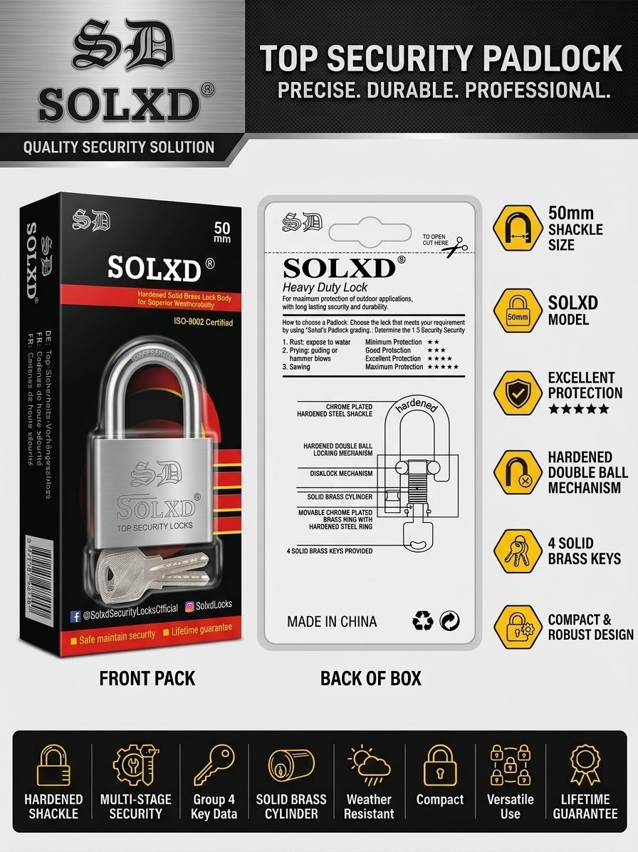SOLXD 50mm Heavy Duty Solid Brass Padlock