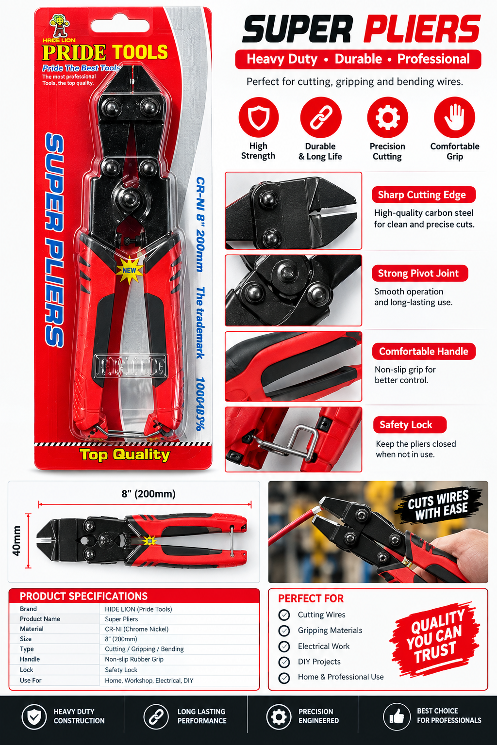 HIDE LION Pride Tools Super Pliers 8" 200mm - Heavy Duty CR-NI