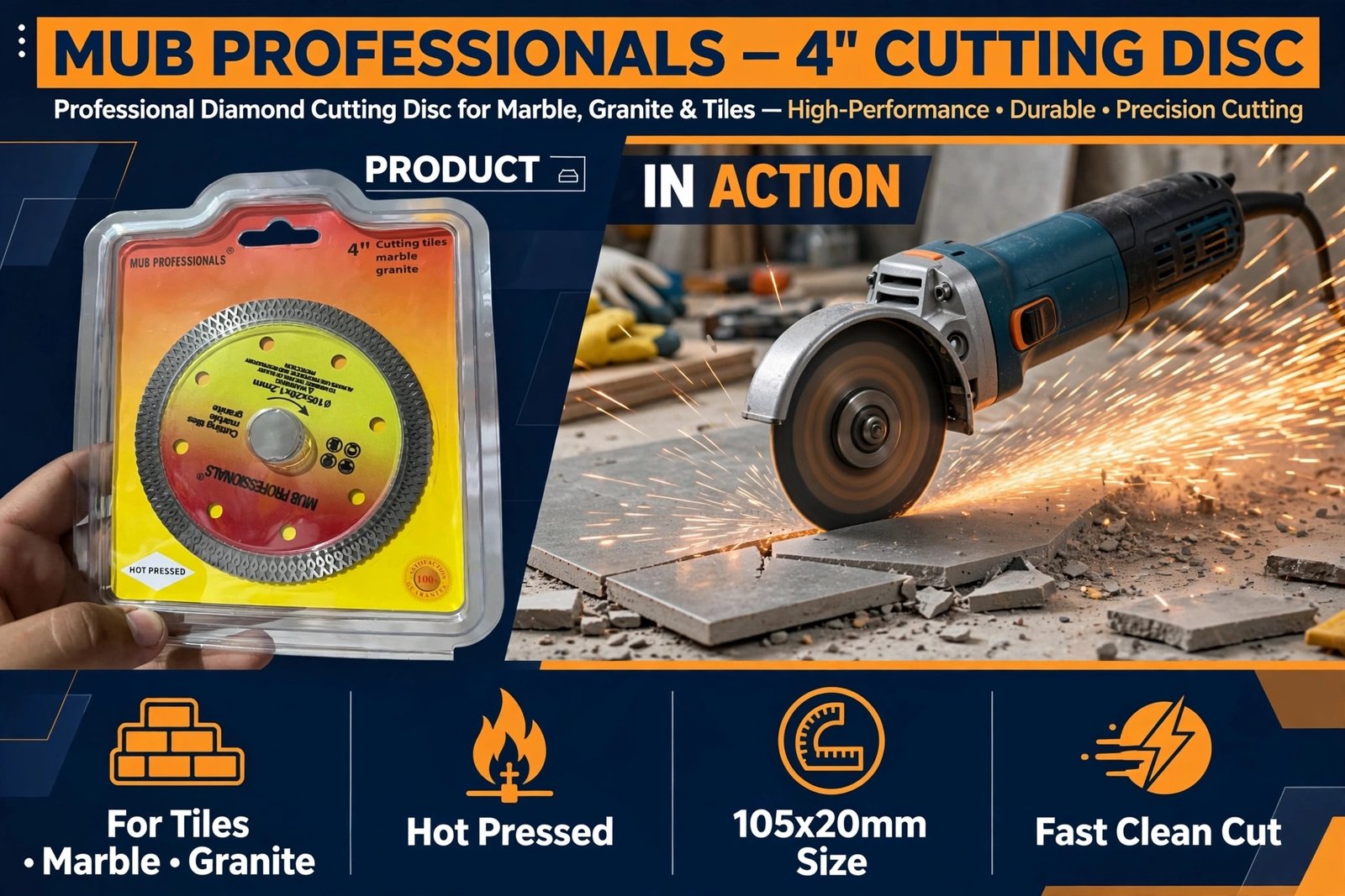 MUB PROFESSIONALS 4" Diamond Cutting Disc - For Tiles Marble Granite