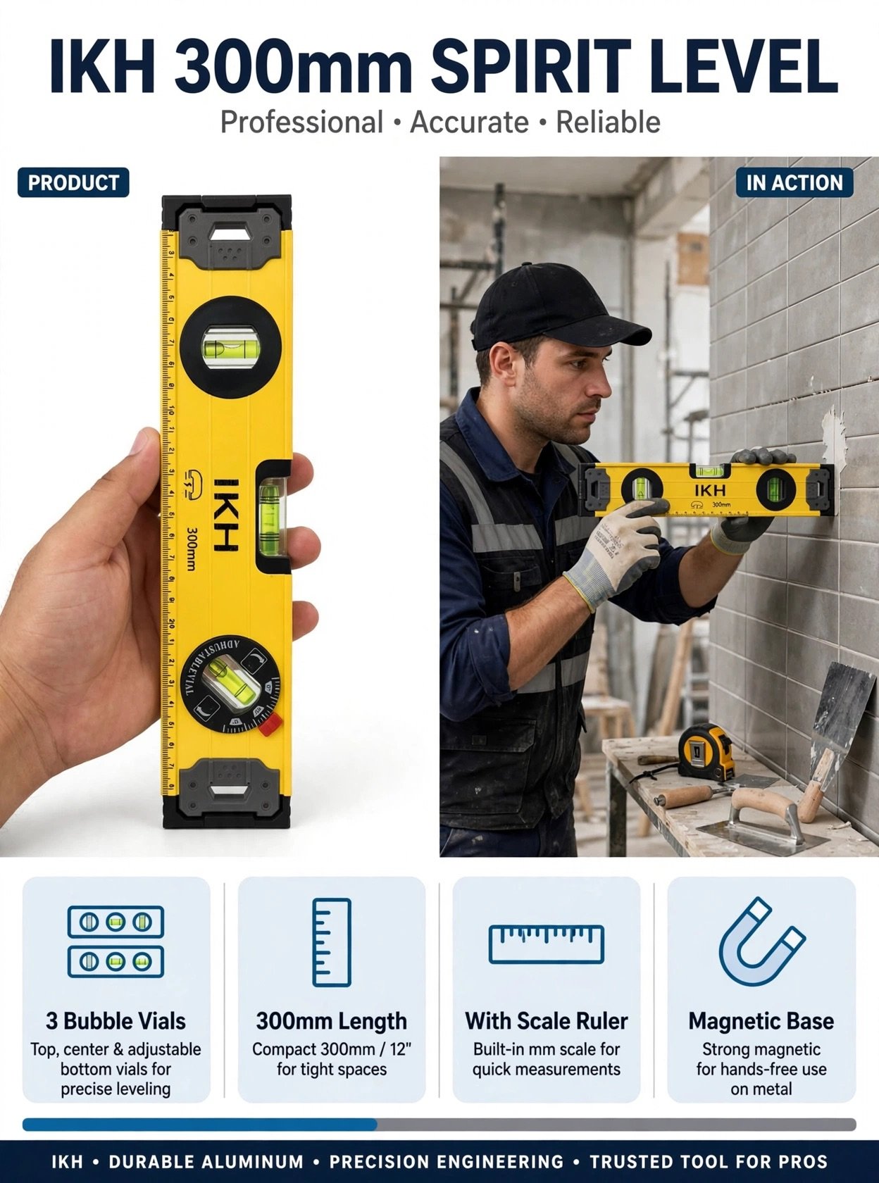 IKH 300mm Spirit Level - 12 Inch Magnetic Level with Ruler
